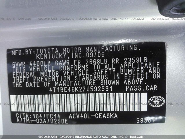 4T1BE46K27U592591 - 2007 TOYOTA CAMRY NEW GENERATION CE/LE/XLE/SE SILVER photo 9