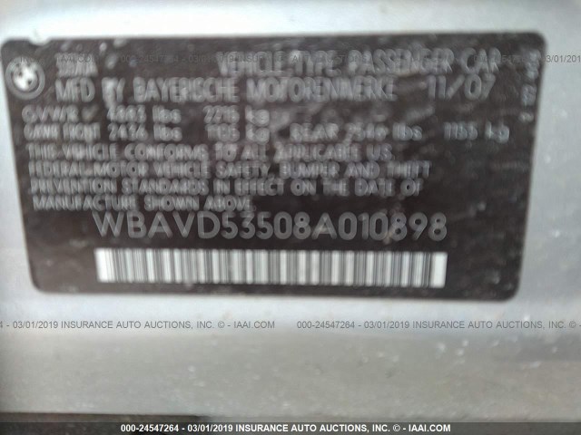 WBAVD53508A010898 - 2008 BMW 335 XI SILVER photo 9