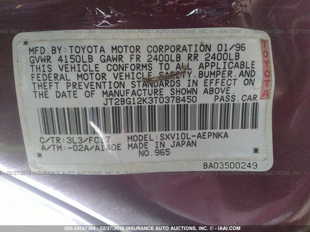 JT2BG12K3T0378450 - 1996 TOYOTA CAMRY DX/LE/XLE MAROON photo 9