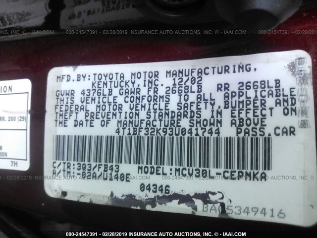 4T1BF32K93U041744 - 2003 TOYOTA CAMRY LE/XLE/SE RED photo 9