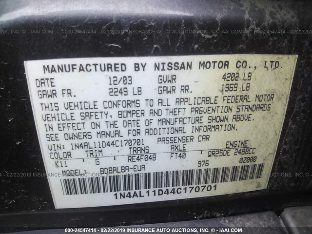 1N4AL11D44C170701 - 2004 NISSAN ALTIMA S/SL GRAY photo 9