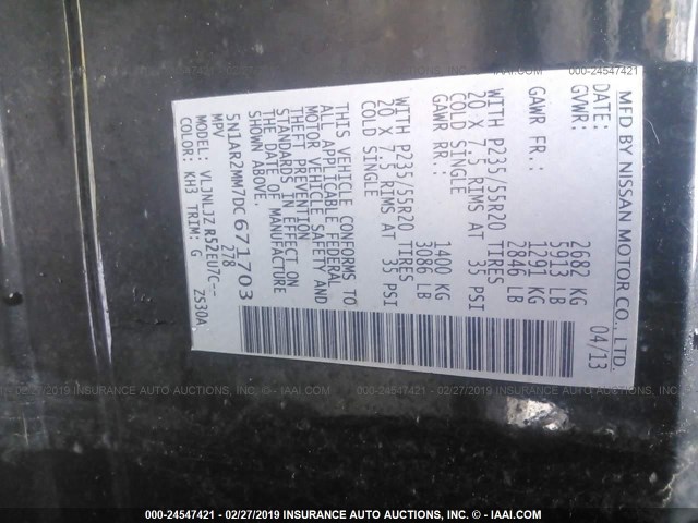 5N1AR2MM7DC671703 - 2013 NISSAN PATHFINDER S/SV/SL/PLATINUM BLACK photo 9