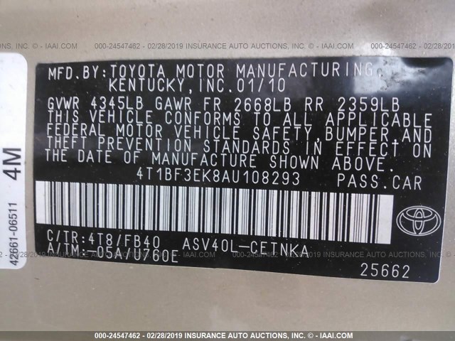 4T1BF3EK8AU108293 - 2010 TOYOTA CAMRY SE/LE/XLE 金色 照片 9