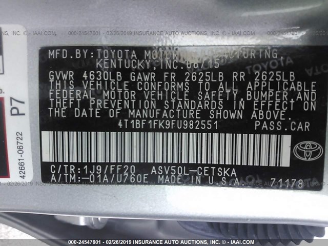 4T1BF1FK9FU982551 - 2015 TOYOTA CAMRY LE/XLE/SE/XSE GRAY photo 9