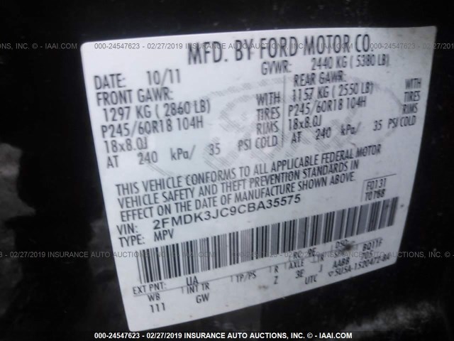 2FMDK3JC9CBA35575 - 2012 FORD EDGE SEL BLACK photo 9