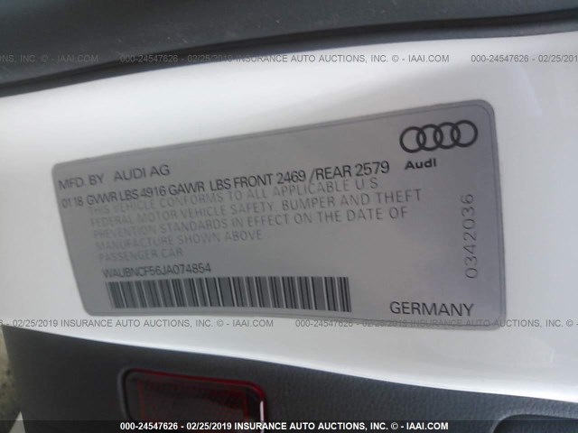 WAUBNCF56JA074854 - 2018 AUDI A5 PREMIUM PLUS WHITE photo 9