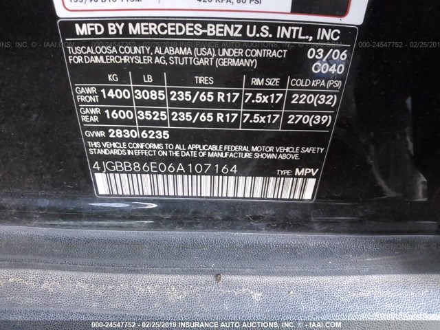 4JGBB86E06A107164 - 2006 MERCEDES-BENZ ML 350 BLACK photo 9