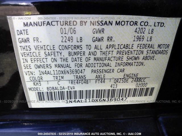 1N4AL11DX6N369047 - 2006 NISSAN ALTIMA S/SL BLACK photo 9