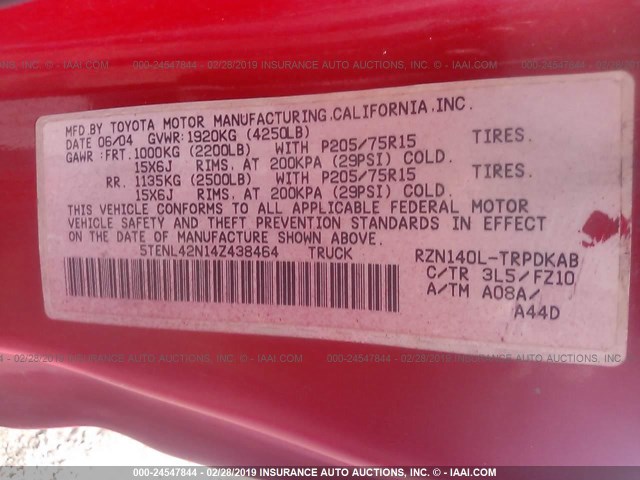 5TENL42N14Z438464 - 2004 TOYOTA TACOMA RED photo 9