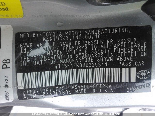 4T1BF1FK3HU329541 - 2017 TOYOTA CAMRY LE/XLE/SE/XSE 银色 照片 9