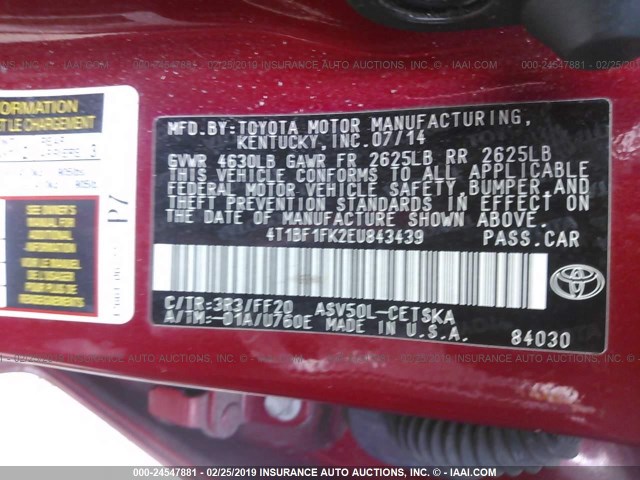 4T1BF1FK2EU843439 - 2014 TOYOTA CAMRY L/SE/LE/XLE 红色 照片 9