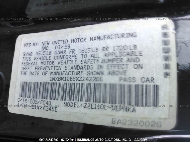 1NXBR12E6XZ242206 - 1999 TOYOTA COROLLA VE/CE/LE 黑色 照片 9