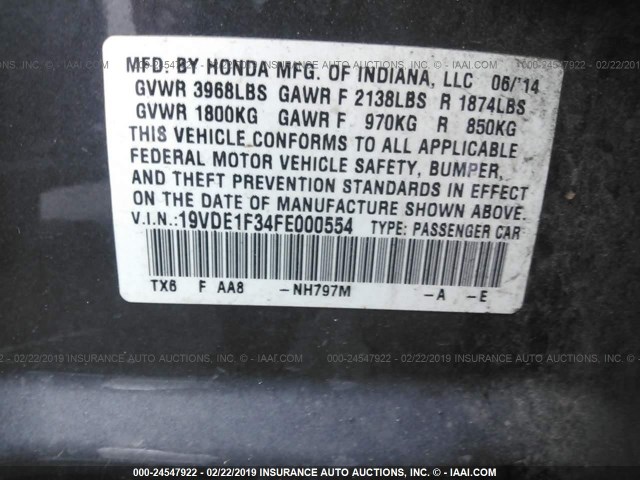 19VDE1F34FE000554 - 2015 ACURA ILX 20 GRAY photo 9