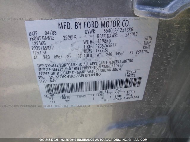 2FMDK48C78BB14150 - 2008 FORD EDGE SEL SILVER photo 9