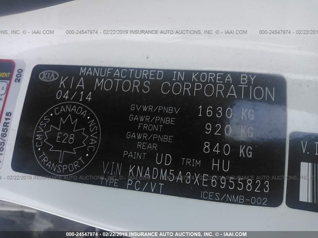 KNADM5A3XE6955823 - 2014 KIA RIO LX WHITE photo 9