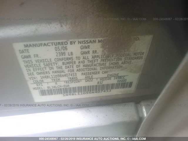 1N4BL11D96N407453 - 2006 NISSAN ALTIMA SE/SL/SE-R SILVER photo 9