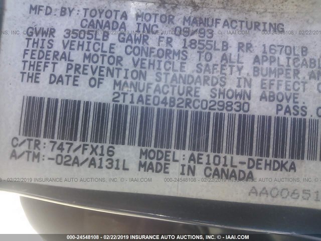 2T1AE04B2RC029830 - 1994 TOYOTA COROLLA ღია ლურჯი ფოტო 9