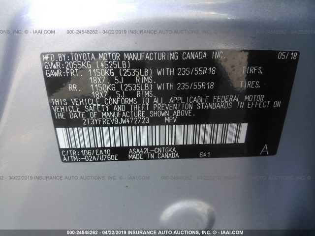 2T3YFREV9JW472723 - 2018 TOYOTA RAV4 LIMITED/PLATINUM SILVER photo 9