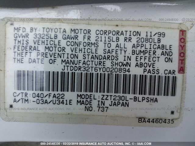 JTDDR32T6Y0020894 - 2000 TOYOTA CELICA GT WHITE photo 9