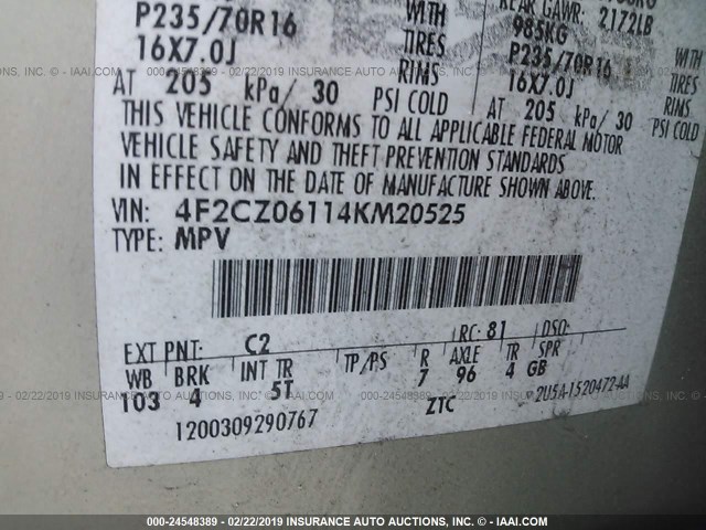 4F2CZ06114KM20525 - 2004 MAZDA TRIBUTE ES 金色 照片 9