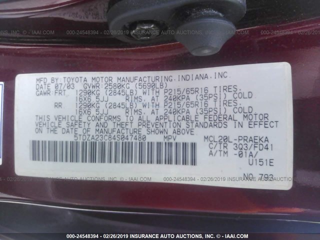 5TDZA23C84S047480 - 2004 TOYOTA SIENNA CE/LE BURGUNDY photo 9