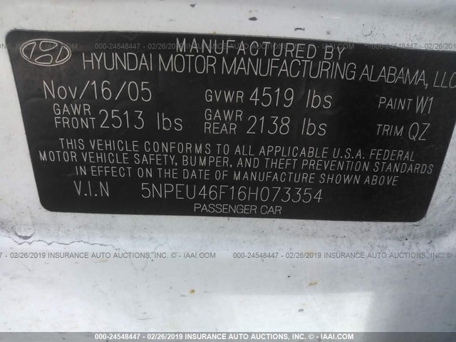 5NPEU46F16H073354 - 2006 HYUNDAI SONATA GLS/LX WHITE photo 9