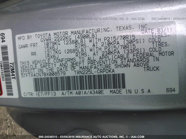 5TFTX4CN7BX008579 - 2011 TOYOTA TACOMA ACCESS CAB ვერცხლისფერი ფოტო 9