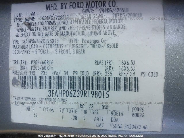 3FAHP06Z39R198015 - 2009 FORD FUSION S GRAY photo 9