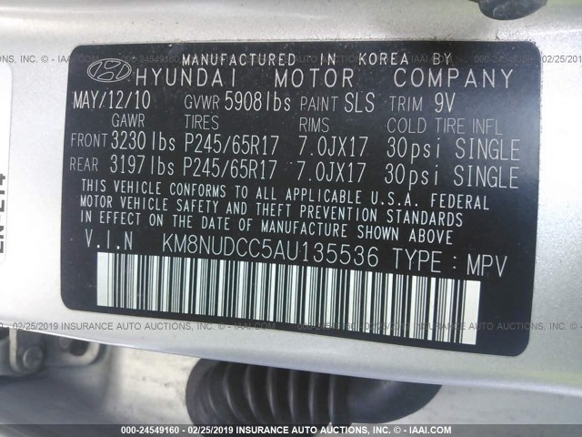 KM8NUDCC5AU135536 - 2010 HYUNDAI VERACRUZ GLS/LIMITED SILVER photo 9