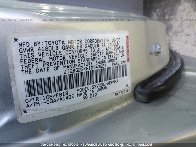 JT2BG22K610543927 - 2001 TOYOTA CAMRY CE/LE/XLE 灰色 照片 9