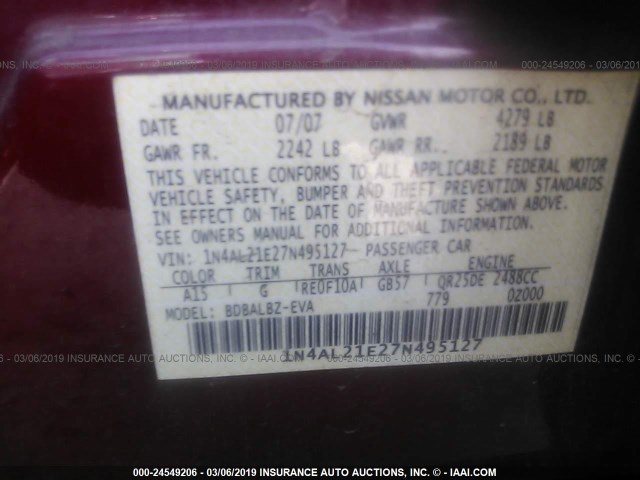 1N4AL21E27N495127 - 2007 NISSAN ALTIMA 2.5/2.5S RED photo 9