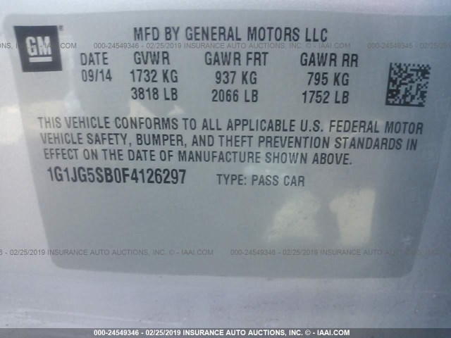 1G1JG5SB0F4126297 - 2015 CHEVROLET SONIC RS SILVER photo 9