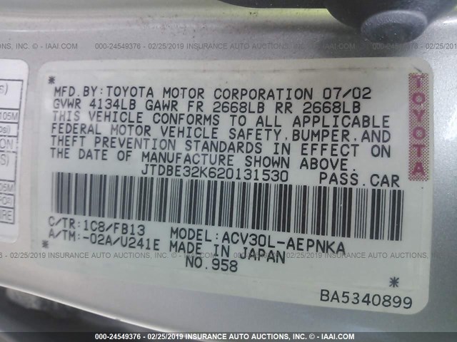 JTDBE32K620131530 - 2002 TOYOTA CAMRY LE/XLE/SE GRAY photo 9