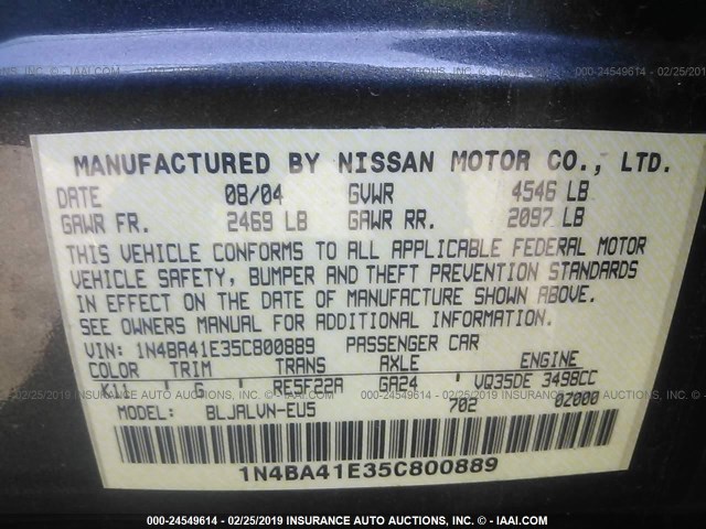 1N4BA41E35C800889 - 2005 NISSAN MAXIMA SE/SL GRAY photo 9