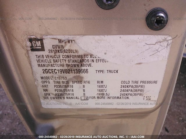 2GCEC19V021139666 - 2002 CHEVROLET SILVERADO C1500 BEIGE photo 9