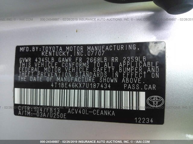 4T1BE46KX7U187434 - 2007 TOYOTA CAMRY NEW GENERAT CE/LE/XLE/SE SILVER photo 9