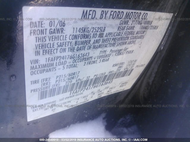 1FAFP24176G163643 - 2006 FORD FIVE HUNDRED SEL BLACK photo 9