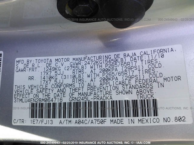 3TMLU4EN2BM064716 - 2011 TOYOTA TACOMA DOUBLE CAB 银色 照片 9