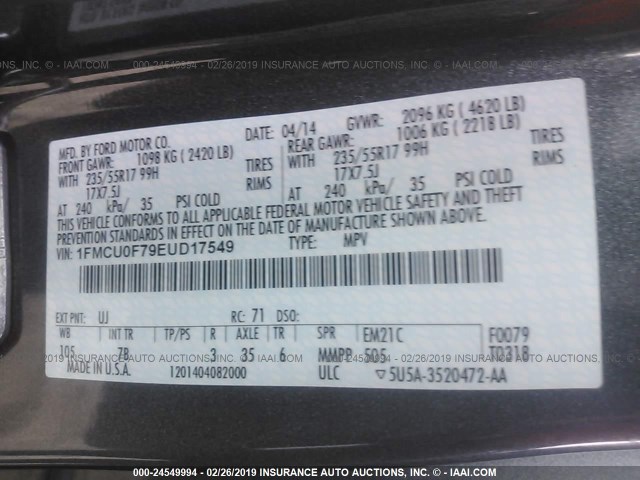 1FMCU0F79EUD17549 - 2014 FORD ESCAPE S GRAY photo 9