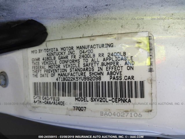 4T1BG22K5YU992098 - 2000 TOYOTA CAMRY CE/LE/XLE 白色 照片 9