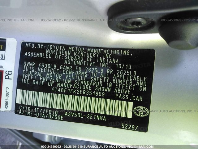 4T4BF1FK2ER351869 - 2014 TOYOTA CAMRY L/SE/LE/XLE SILVER photo 9