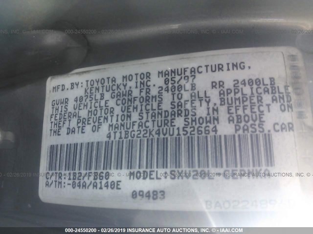 4T1BG22K4VU152664 - 1997 TOYOTA CAMRY CE/LE/XLE 灰色 照片 9