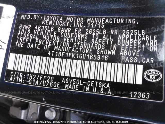 4T1BF1FK1GU165916 - 2016 TOYOTA CAMRY LE/XLE/SE/XSE BLACK photo 9