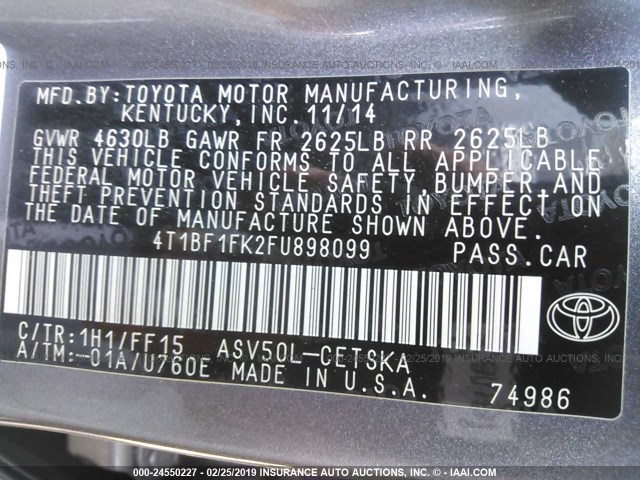 4T1BF1FK2FU898099 - 2015 TOYOTA CAMRY LE/XLE/SE/XSE 灰色 照片 9