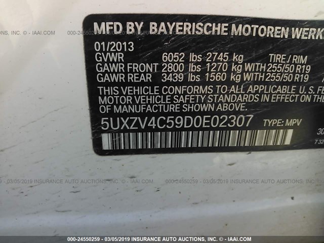 5UXZV4C59D0E02307 - 2013 BMW X5 XDRIVE35I WHITE photo 9