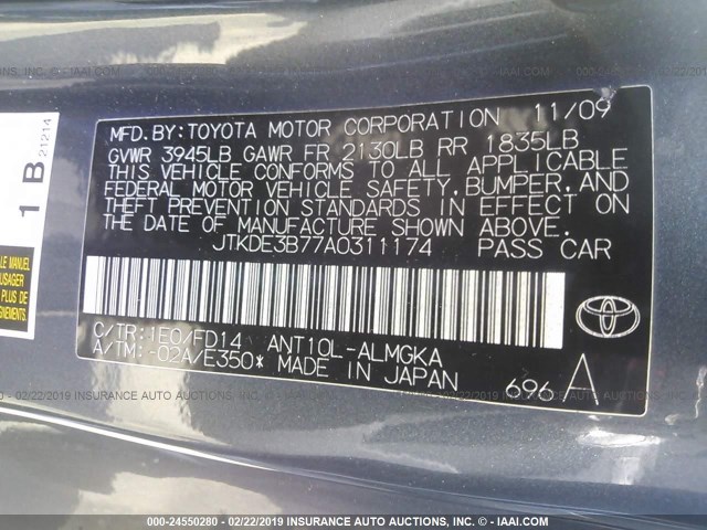 JTKDE3B77A0311174 - 2010 TOYOTA SCION TC GRAY photo 9