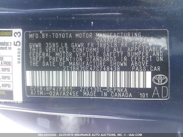 2T1BR30E47C748438 - 2007 TOYOTA COROLLA CE/LE/S BLUE photo 9