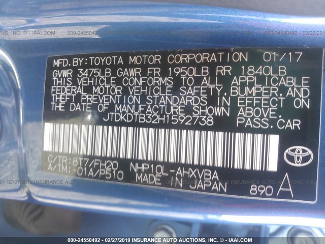 JTDKDTB32H1592738 - 2017 TOYOTA PRIUS C BLUE photo 9