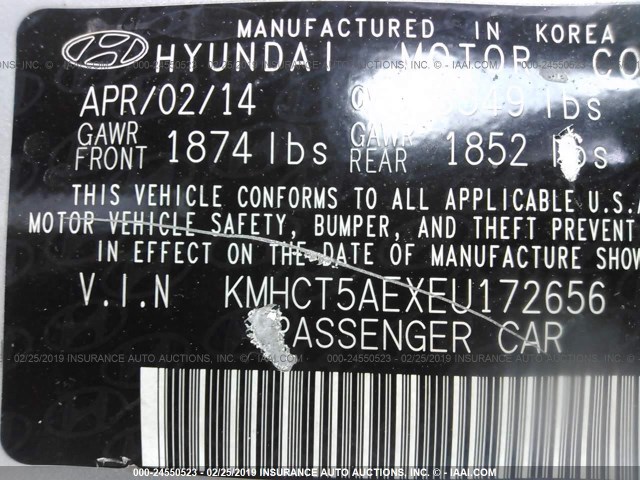 KMHCT5AEXEU172656 - 2014 HYUNDAI ACCENT GLS/GS SILVER photo 9