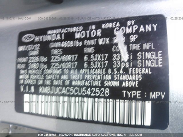 KM8JUCAC5CU542528 - 2012 HYUNDAI TUCSON GLS/LIMITED 银色 照片 9